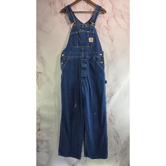 Carhartt Overalls Mens 34 Jean Vintage Bib Denim Carpenter Crop - Picture 1 of 12